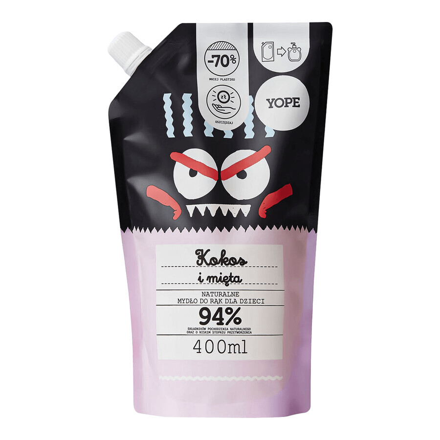 Yope Coco y Menta, jabón de manos natural para niños, de repuesto, 400 ml