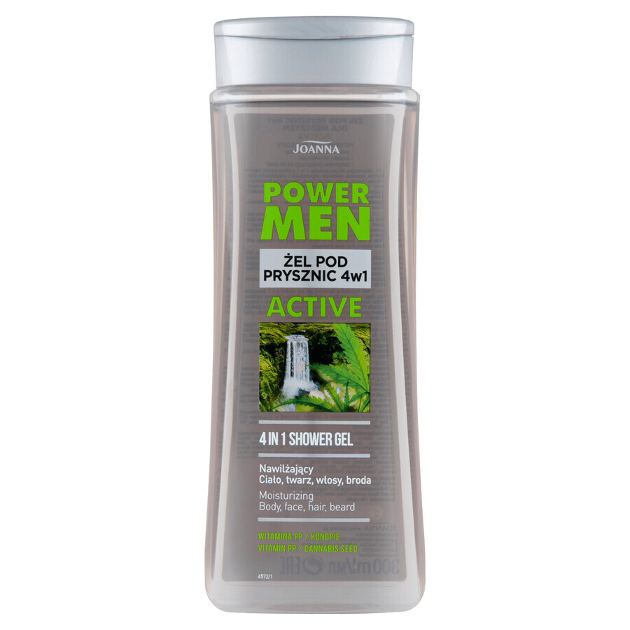 Joanna Power Men, Gel de duș activ 4 în 1 pentru bărbați, vitamina PP, cânepă, 300 ml