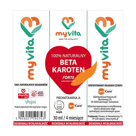 MyVita 100% Natural Beta Caroteno, Provitamina A gotas, 30 ml