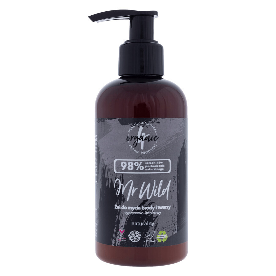 4Organic Mr Wild, gel limpiador natural para barba y cara, ciprés-jengibre, 200ml