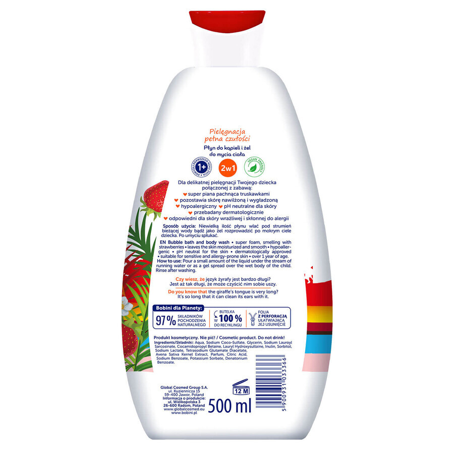 Bobini Fun, bath lotion and body wash, strawberry, 500 ml