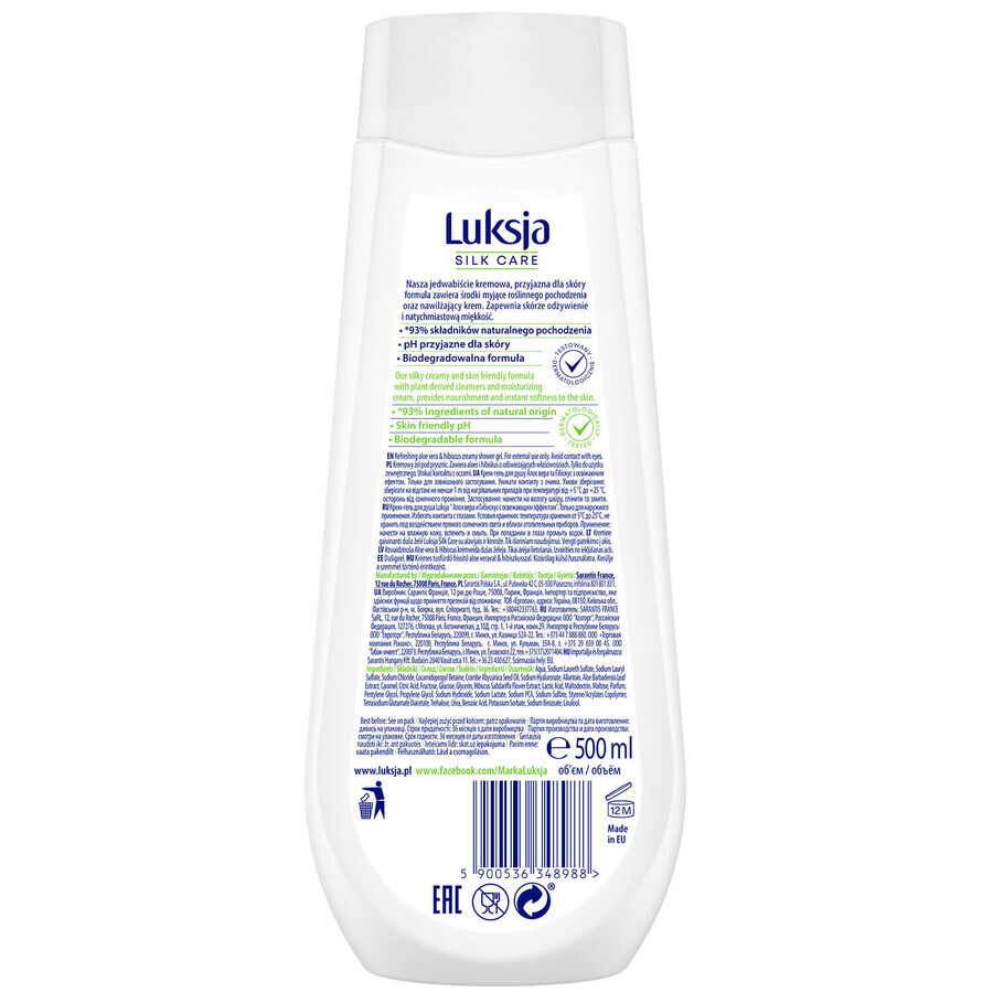 Luxja Silk Care, gel de ducha cremoso, refrescante, aloe e hibisco, 500 ml