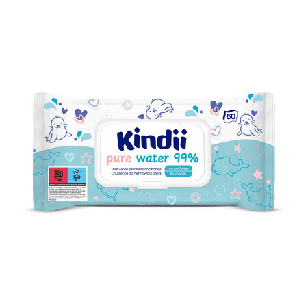 Kindii Pure Water 99%, toallitas húmedas para bebés y niños, 60 unidades