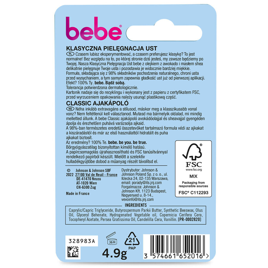 Bebe Young Care, barra de labios clásica, 4,9 g