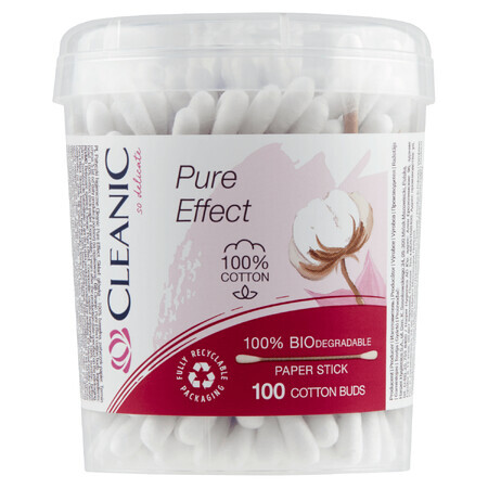 Cleanic Pure Effect, bastoncillos de algodón biodegradables, 100% algodón, 100 unidades