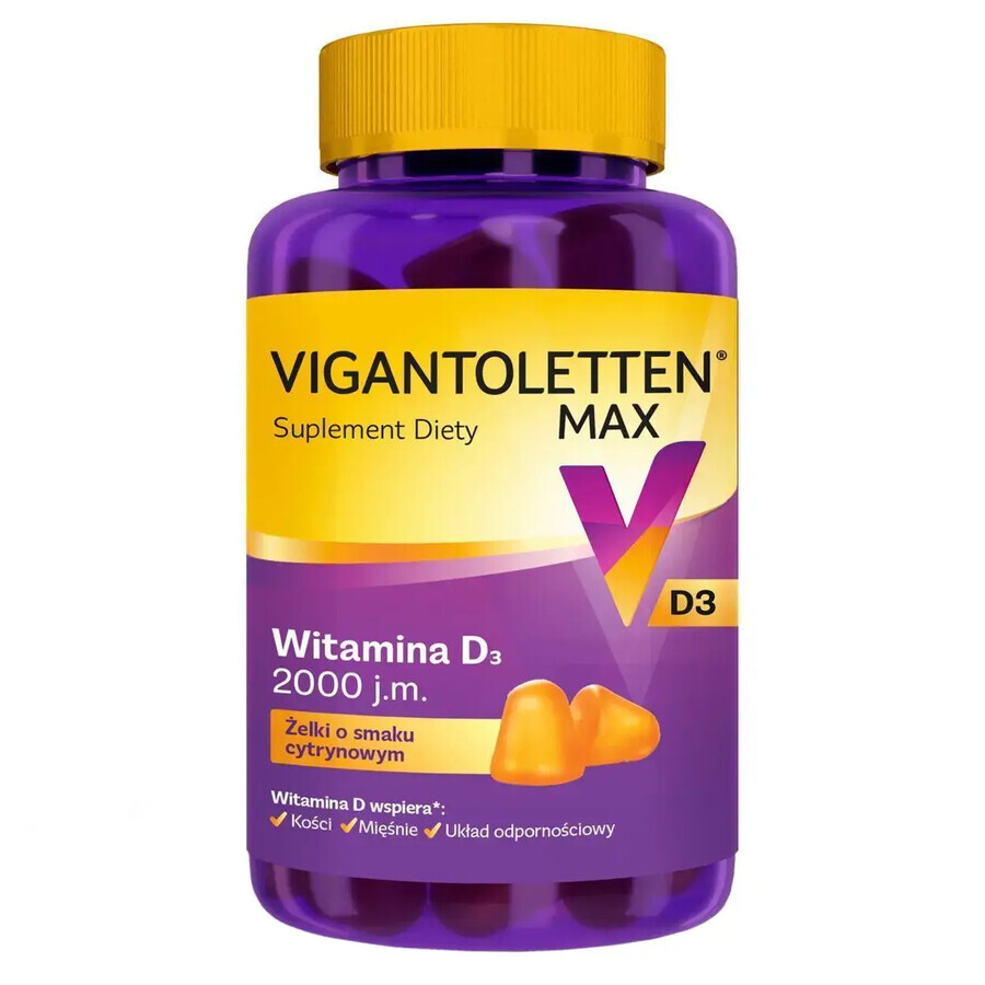 Vigantoletten Max, vitamina D3 2000 UI, gominolas con sabor a limón, 60 unidades