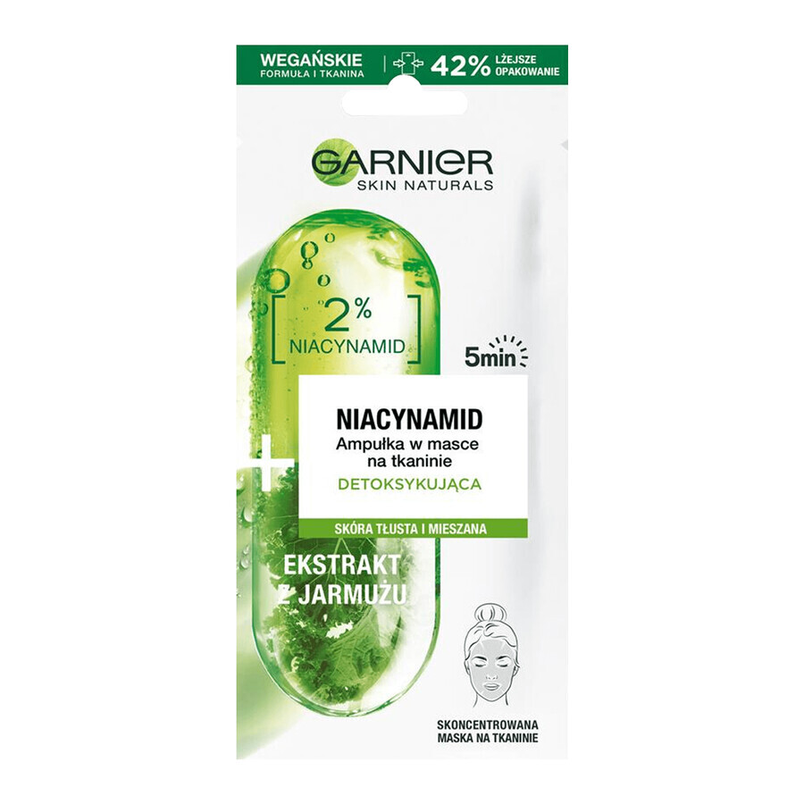 Garnier Skin Naturals, ampolla desintoxicante en mascarilla de tela, niacinamida y col rizada, 15 g