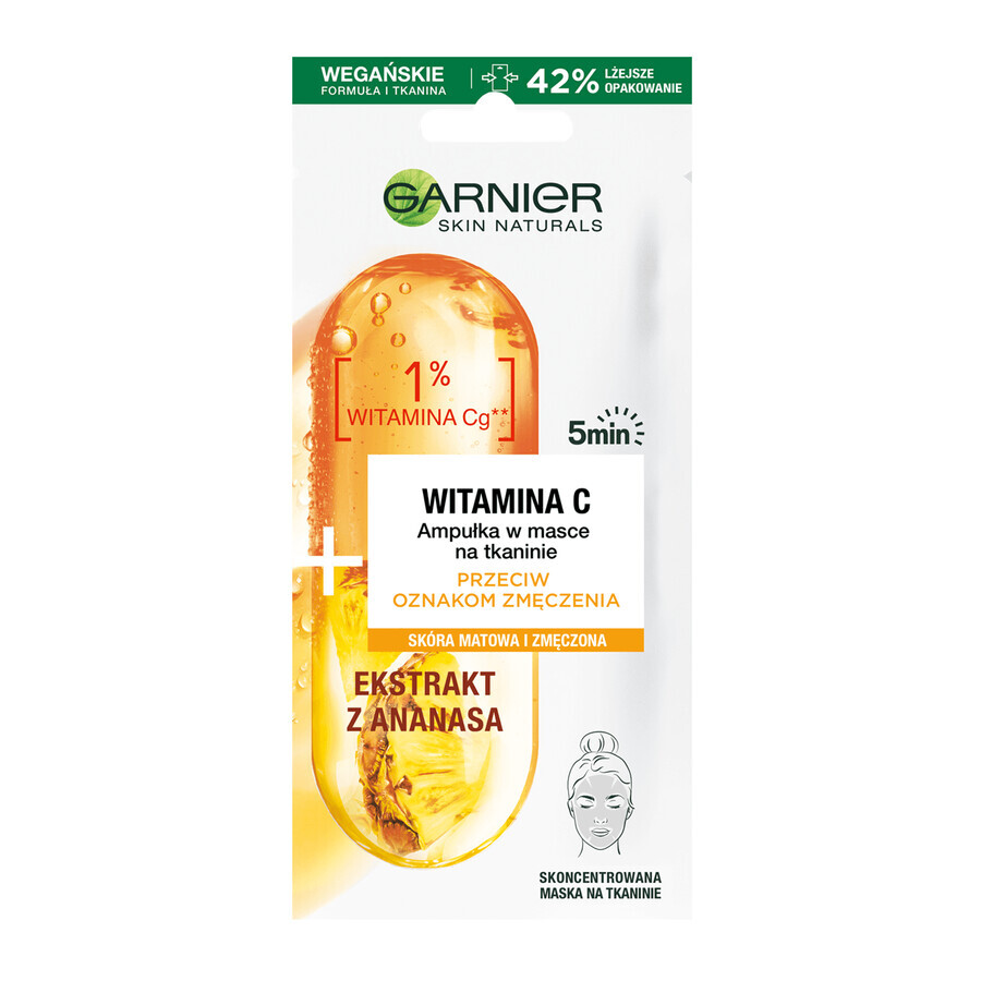 Garnier Skin Naturals, ampolla contra los signos de fatiga en mascarilla de tela, vitamina C y piña, 15 g