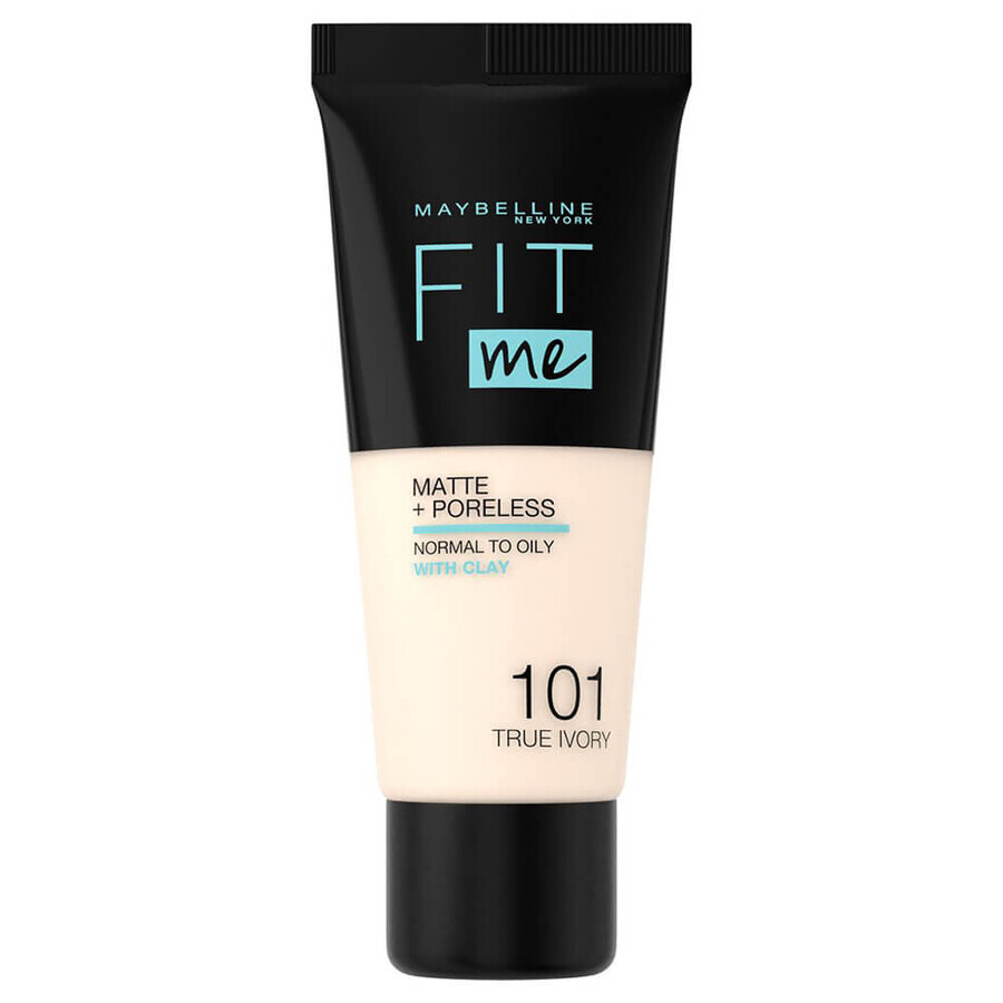 Maybelline Fit Me Matte and Poreless, base de maquillaje matificante, nº 101, True Ivory, 30 ml