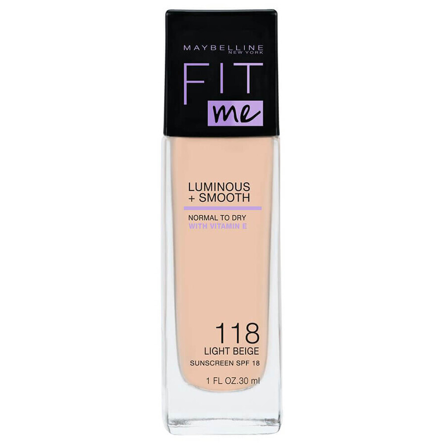 Maybelline Fit Me Luminous and Smooth, base de maquillaje iluminadora, Nº 118 Beige claro, 30 ml