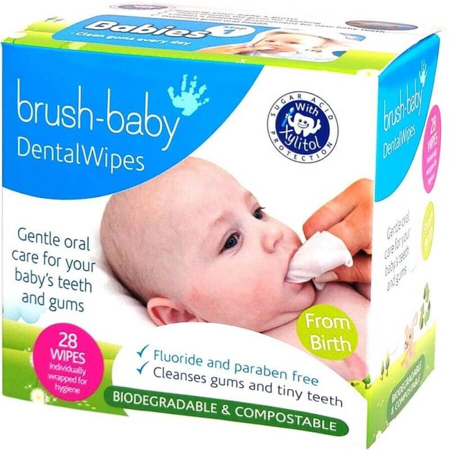 Brush-Baby Dental Wipes, toallitas para limpiar las encías, 0-16 meses, 28 uds.