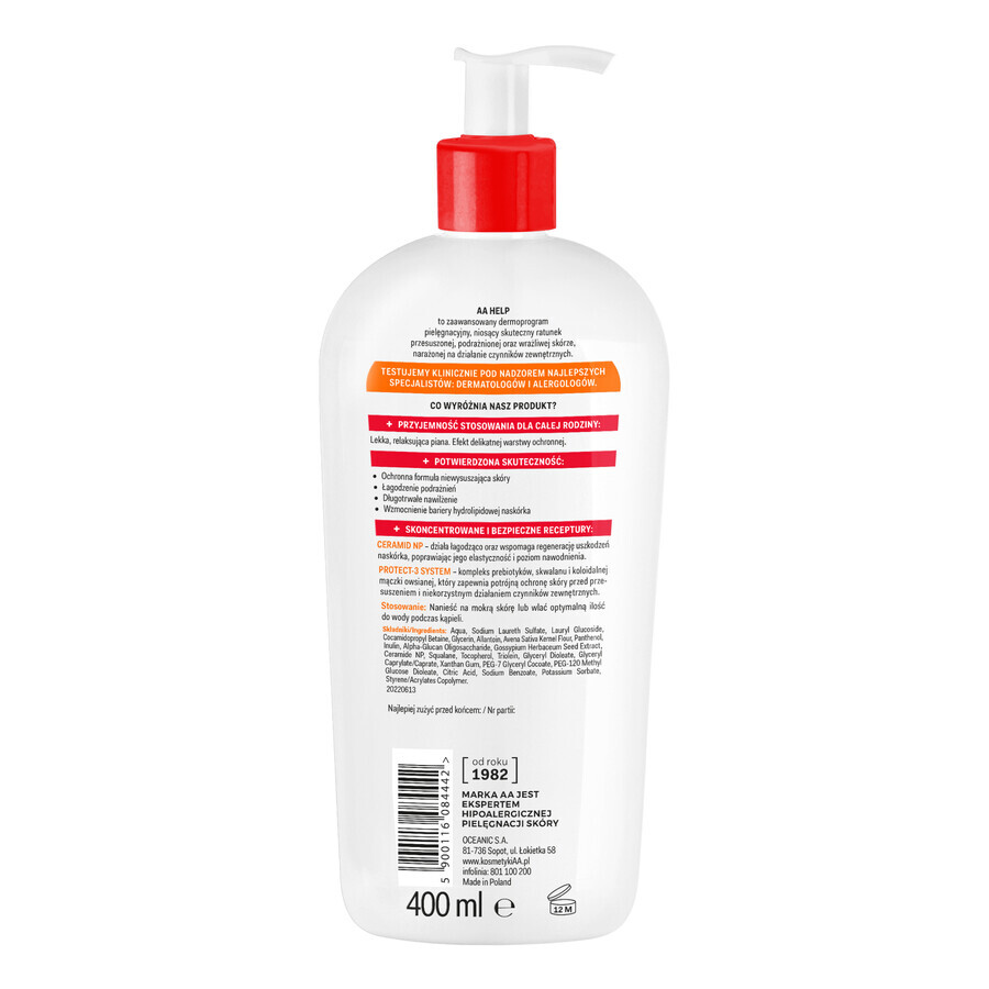 AA Help S.O.S, Loțiune de baie 2în1, Liniștitoare și protectoare, piele extrem de uscată, 400 ml