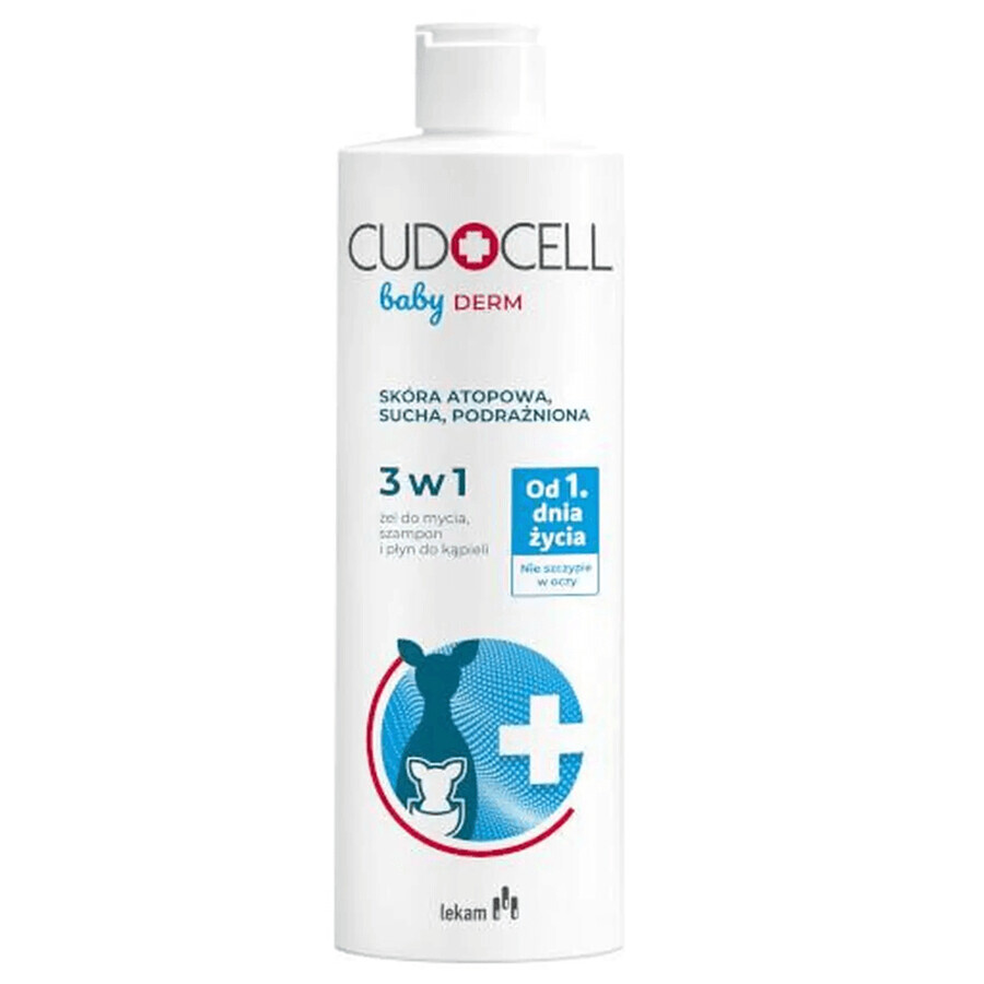 Cudocell Baby Derm, gel lavante, champú y loción de baño 3 en 1, pieles atópicas, secas e irritadas, desde el primer día, 400 ml