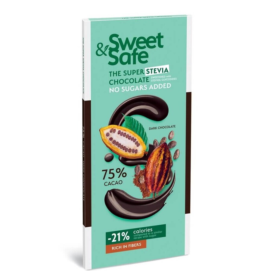 Chocolate amargo con edulcorante natural de stevia Sweet&amp;Safe, 90 g, Sly Nutrition