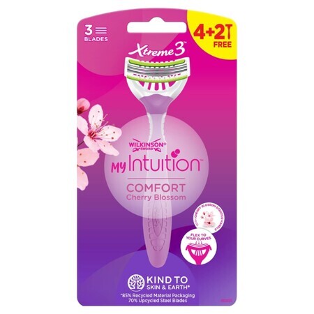 Wilkinson Sword Xtreme 3 My Intuition, maquinilla de afeitar femenina, desechable, tres filos, Comfort Cherry Blossom, 4 pzs + 2 pzs gratis