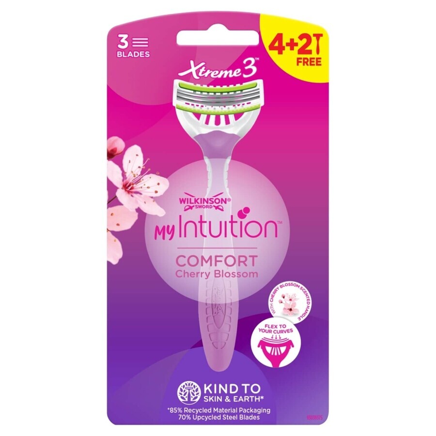 Wilkinson Sword Xtreme 3 My Intuition, maquinilla de afeitar femenina, desechable, tres filos, Comfort Cherry Blossom, 4 pzs + 2 pzs gratis