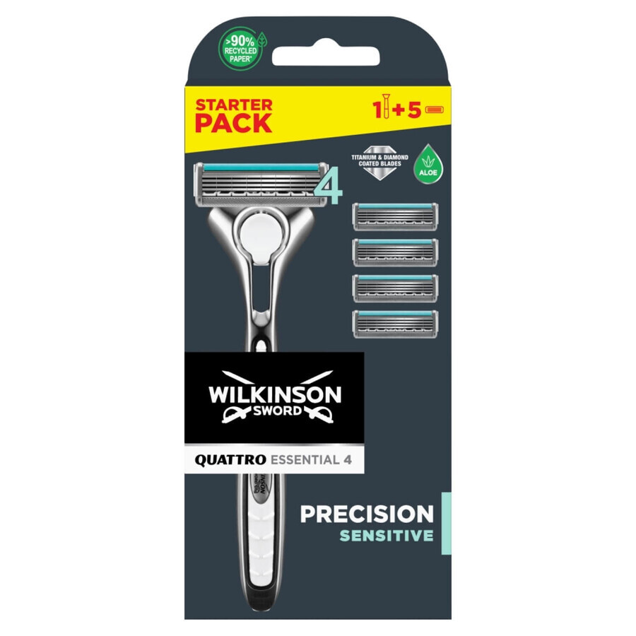 Wilkinson Sword Quattro Titanium Sensitive, maquinilla, mango + 5 cartuchos de recambio