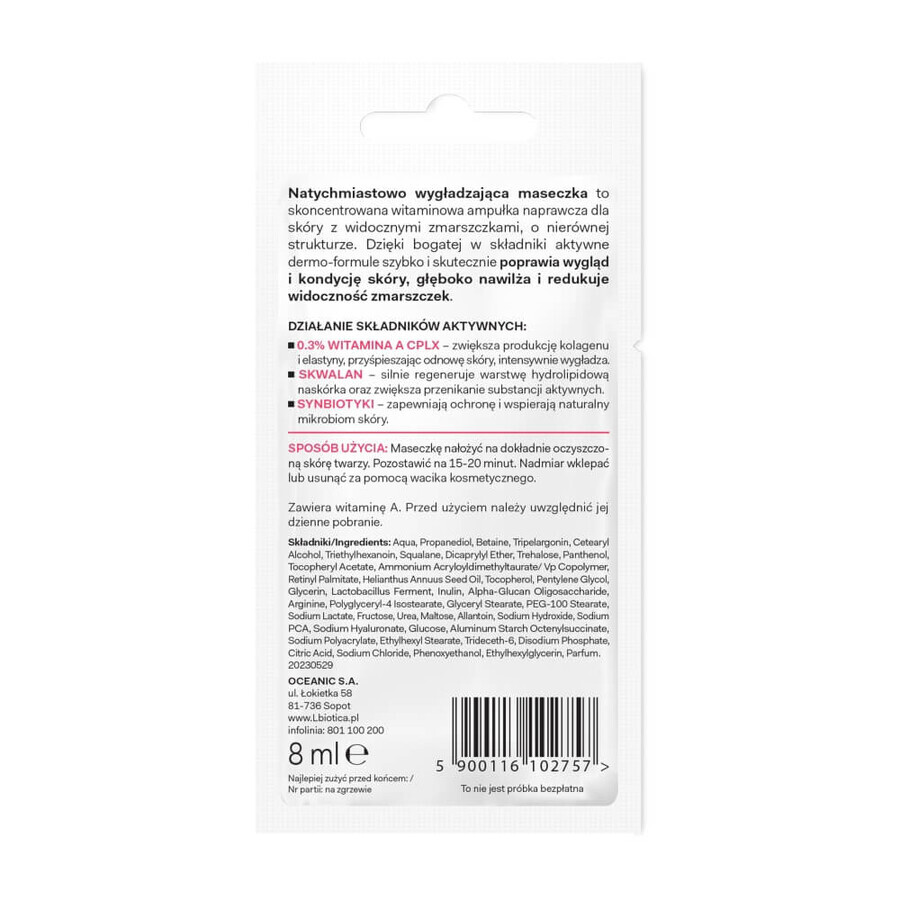 L'Biotica Dermomask, mascarilla facial alisadora instantánea con vitamina A, 8 ml