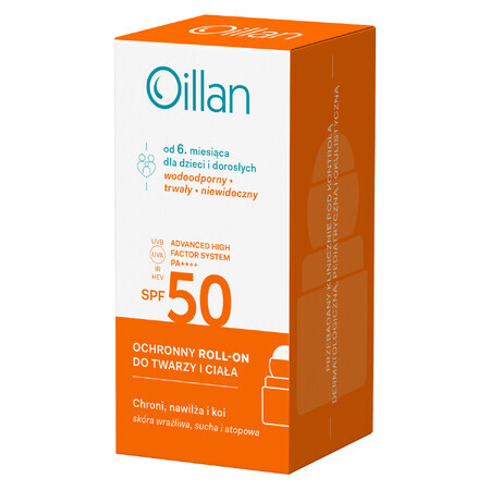 Oillan Sun, roll-on protector para cara y cuerpo, FPS 50, 50 ml