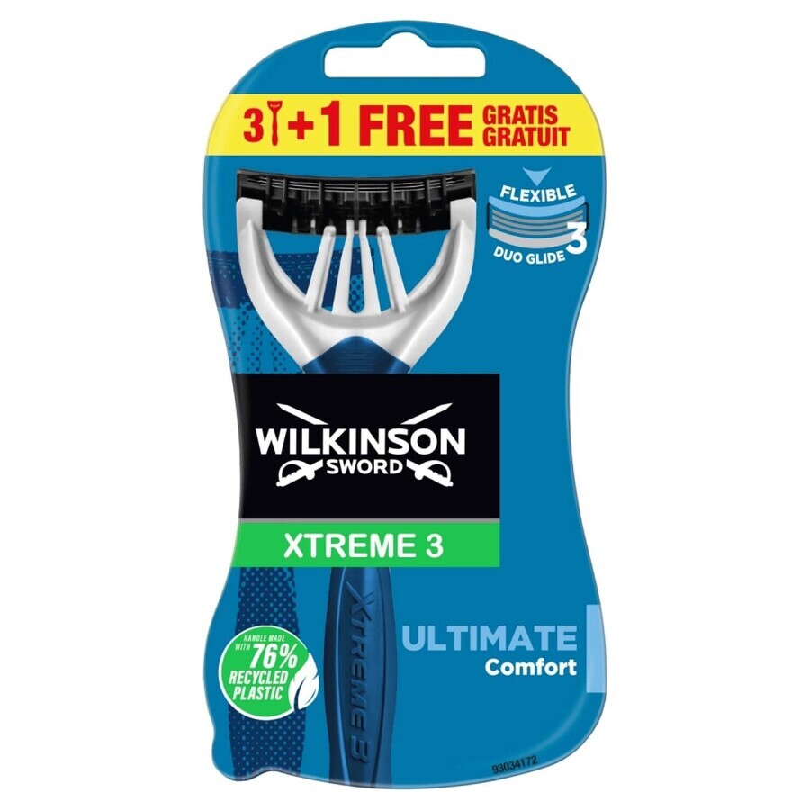 Wilkinson Sword Xtreme3 Ultimate Plus, maquinillas de afeitar desechables, 3 piezas + 1 pieza gratis