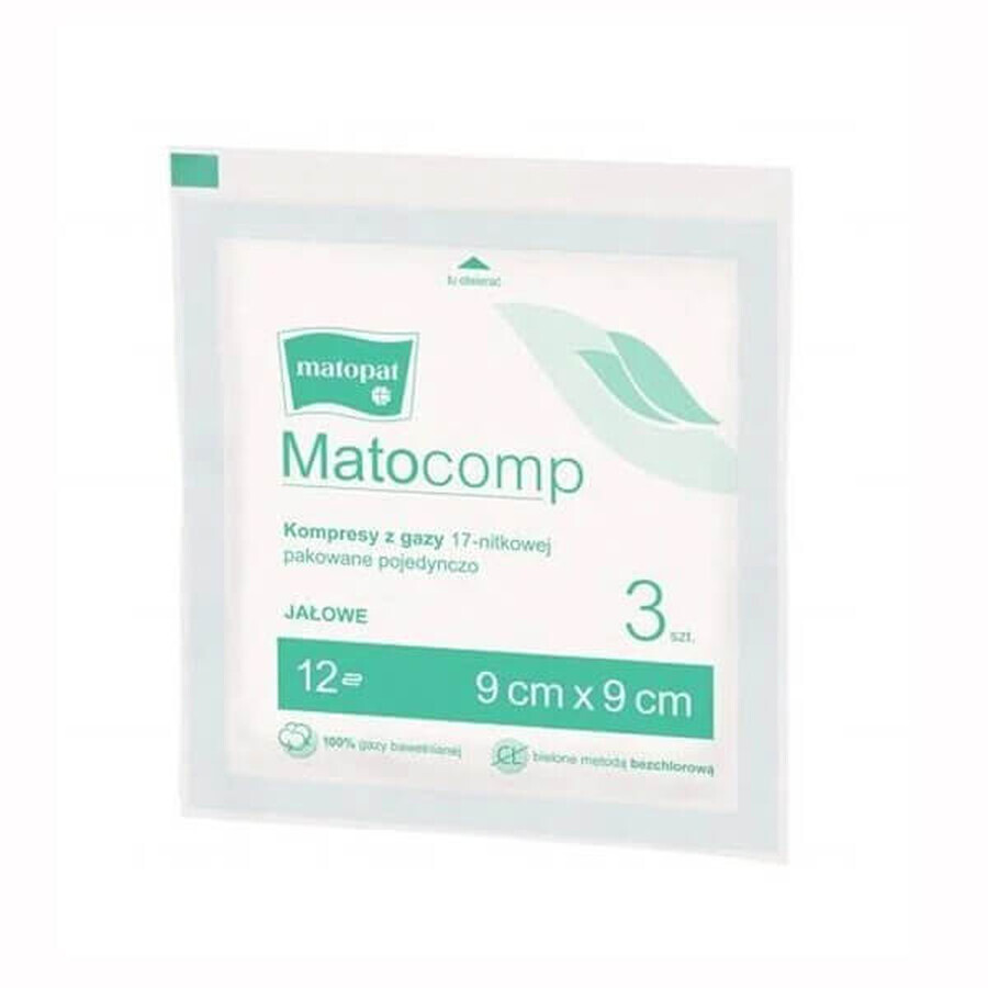 Matopat Matocomp, compresas estériles, 100% algodón, 17 hilos, 12 capas, 9 cm x 9 cm, 3 piezas