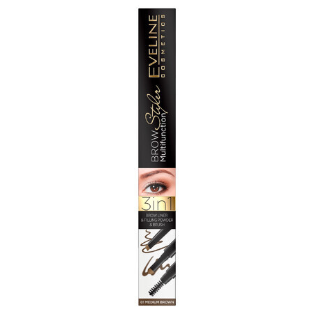 Eveline Cosmetics Brow multifunctionele styler, 3in1 wenkbrauwpotlood, 01 medium bruin, 3 g