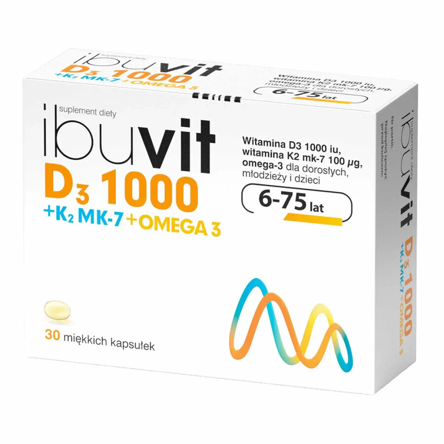 Ibuvit D3 1000 + K2 MK-7 Omega 3, para niños mayores de 6 años, adolescentes y adultos, 30 cápsulas