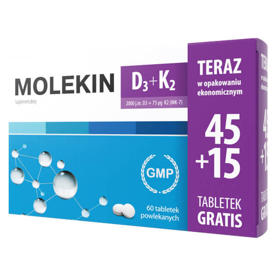 Molekin D3 + K2, vitamina D 2000 UI + vitamina K 75 µg, 45 comprimidos recubiertos con película + 15 comprimidos gratis