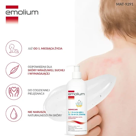 Emolium Dermocare 3în1, loțiune de baie, gel de spălare și șampon, după 1 lună, 400 ml