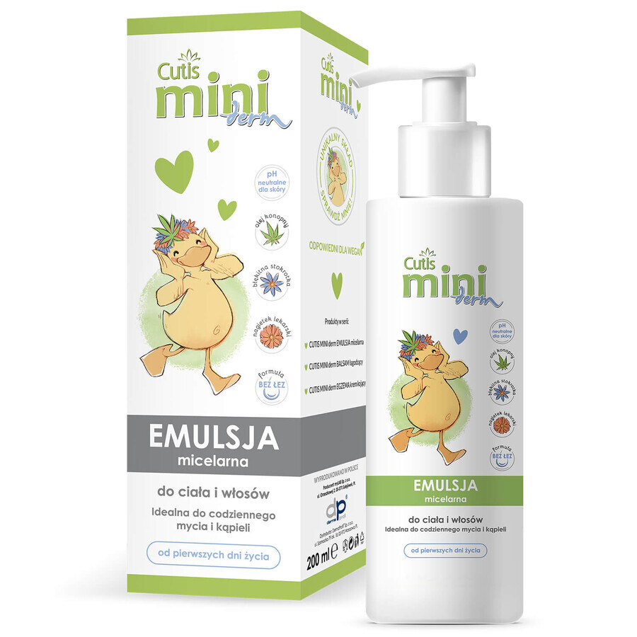 Cutis Mini Derm, emulsión micelar para la limpieza corporal y capilar, desde los primeros días de vida, 200 ml