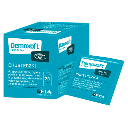 Demoxoft Plus Clean, toallitas para la higiene especializada de los párpados y la zona ocular, 20 unidades