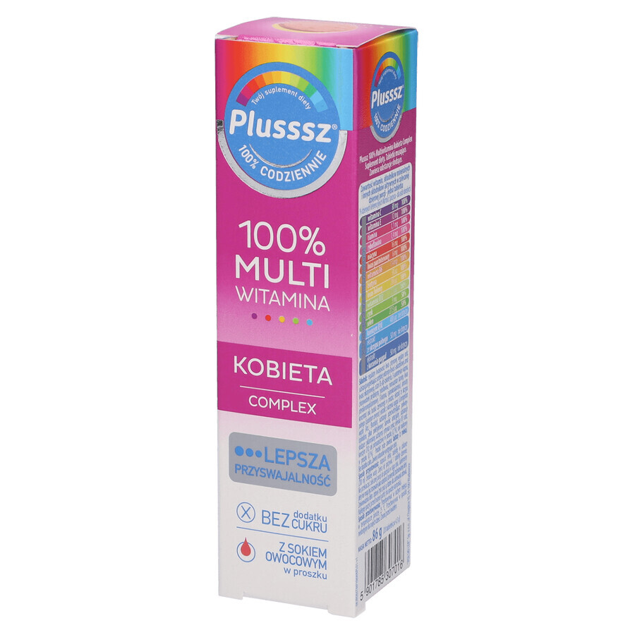 Plusssz 100% Complejo Multivitamínico Kobieta, sabor frambuesa y naranja, 20 comprimidos efervescentes