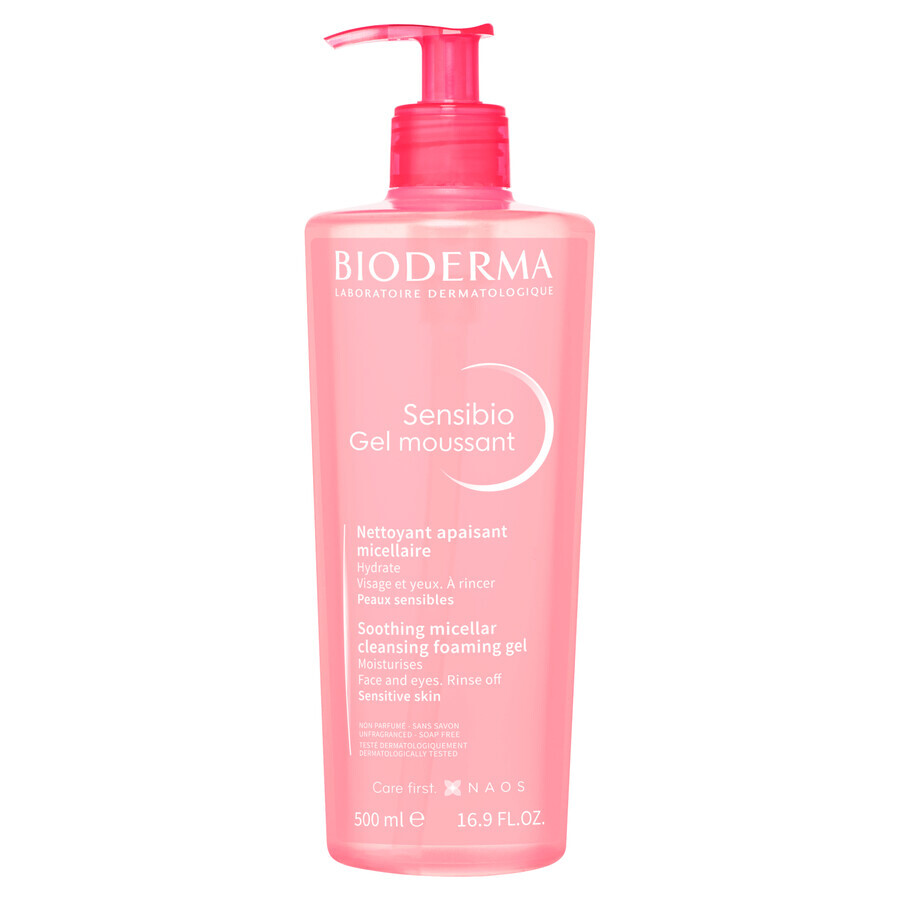 Bioderma Sensibio Gel Moussant, Gel micelar calmant pentru spălarea feței, piele sensibilă și hipersensibilă, 500 ml