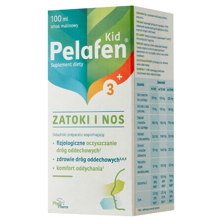 Pelafen Kid 3+ Senos paranasales y nariz, jarabe para niños mayores de 3 años y adultos, sabor frambuesa, 100 ml