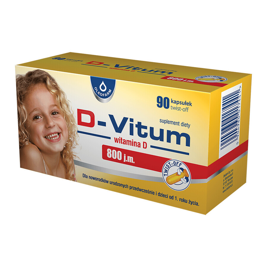 D-Vitum 800 UI, vitamina D para recién nacidos prematuros y niños a partir de 1 año, 90 cápsulas twist-off