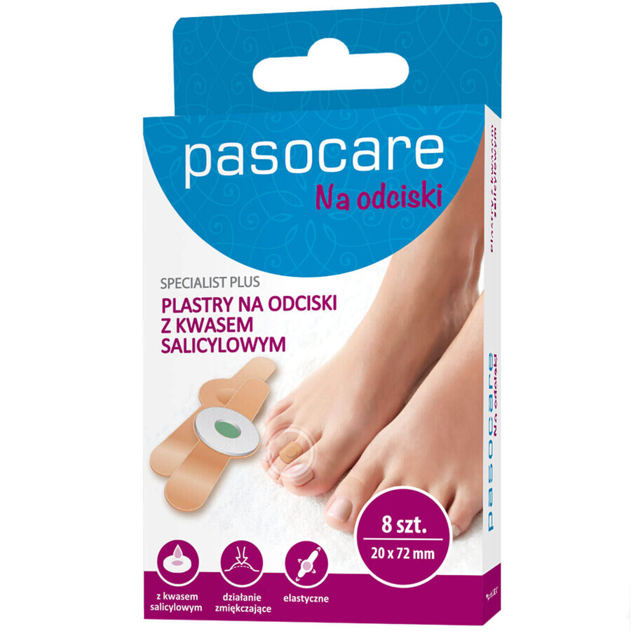 Pasocare Specialist Plus, tiritas para callos, con ácido salicílico, 20 mm x 72 mm, 8 unidades