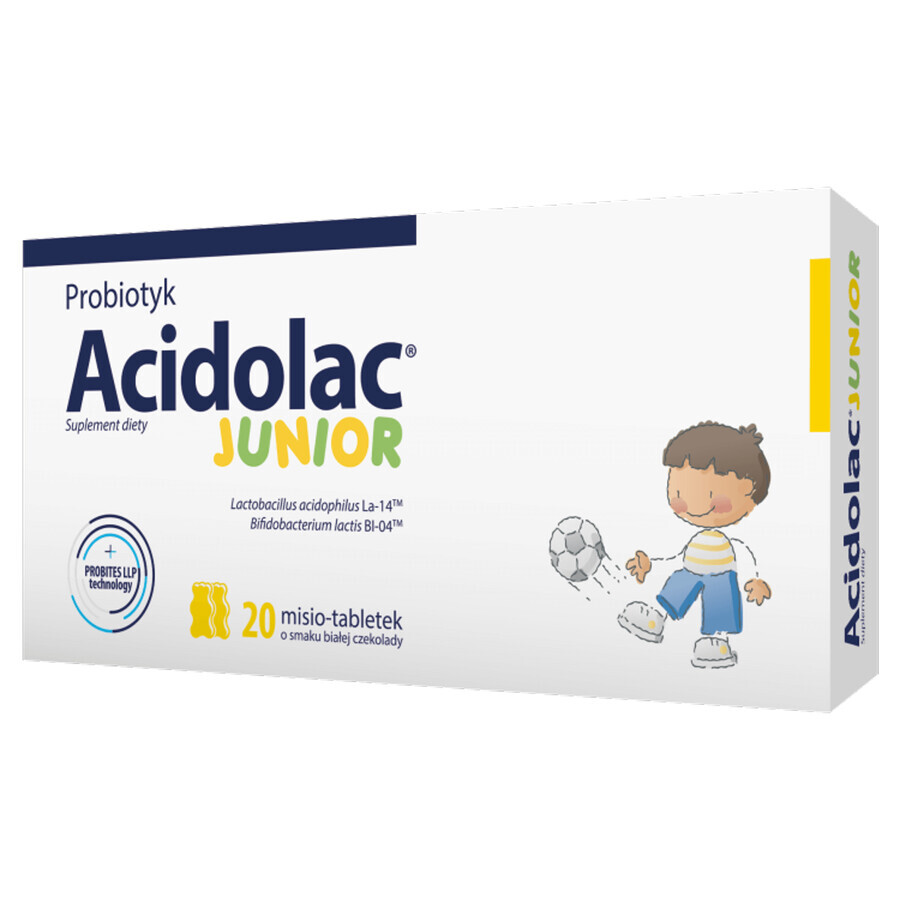 Acidolac Junior, para niños a partir de 3 años, sabor chocolate blanco, 20 comprimidos osito