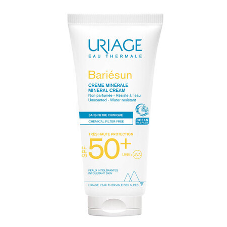 Uriage Bariesun, crema mineral para rostro y cuerpo, piel hipersensible con intolerancias, FPS 50+, 100 ml