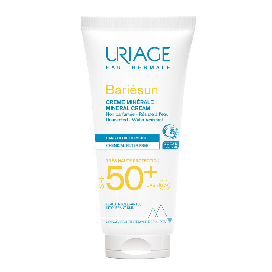 Uriage Bariesun, crema mineral para rostro y cuerpo, piel hipersensible con intolerancias, FPS 50+, 100 ml