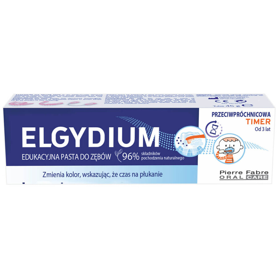 Elgydium Timer, pasta de dientes educativa que cambia de color, anticaries, a partir de 3 años, 50 ml