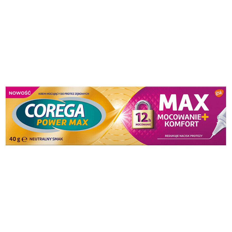 Corega Power Max Fijación + Confort, crema fijadora para prótesis dentales, neutra, 40 g