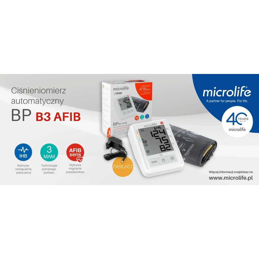 Microlife BP B3 AFIB, tensiómetro automático de brazo con fuente de alimentación