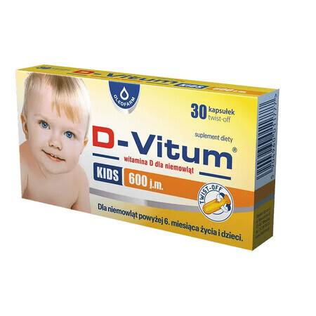 D-Vitum Kids 600 UI, vitamina D para lactantes mayores de 6 meses y niños, 30 cápsulas twist-off