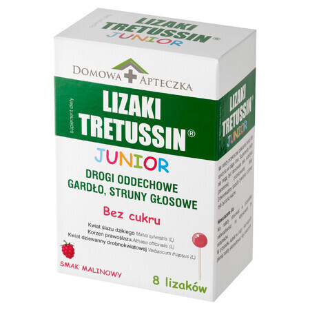 Tretussin Junior, piruletas, sin azúcar, sabor frambuesa, a partir de 3 años, 8 piezas