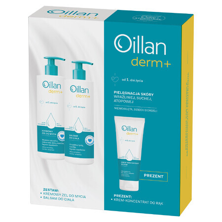 Set Oillan Derm+, gel lavante cremoso, 400 ml + loción corporal, 400 ml + crema de manos-concentrado, 75 ml de regalo