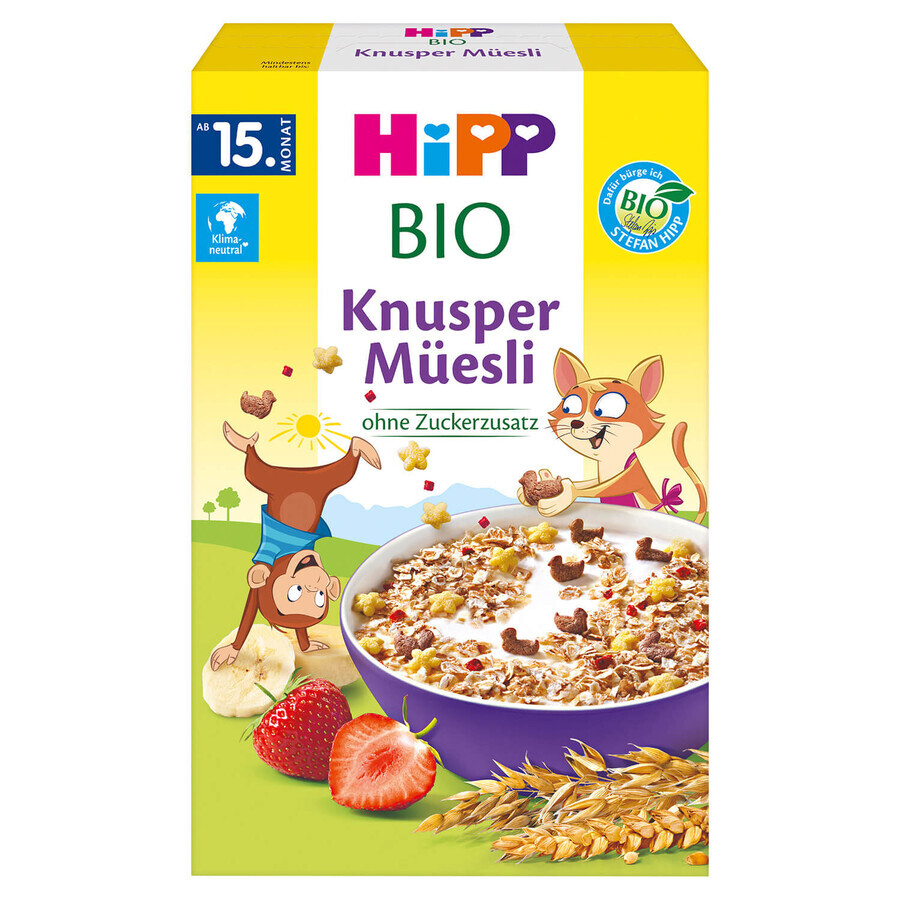 HiPP Bio muesli, plátano y fresa, sin azúcar añadido, a partir de 15 meses, 200 g ENVASE DECORADO