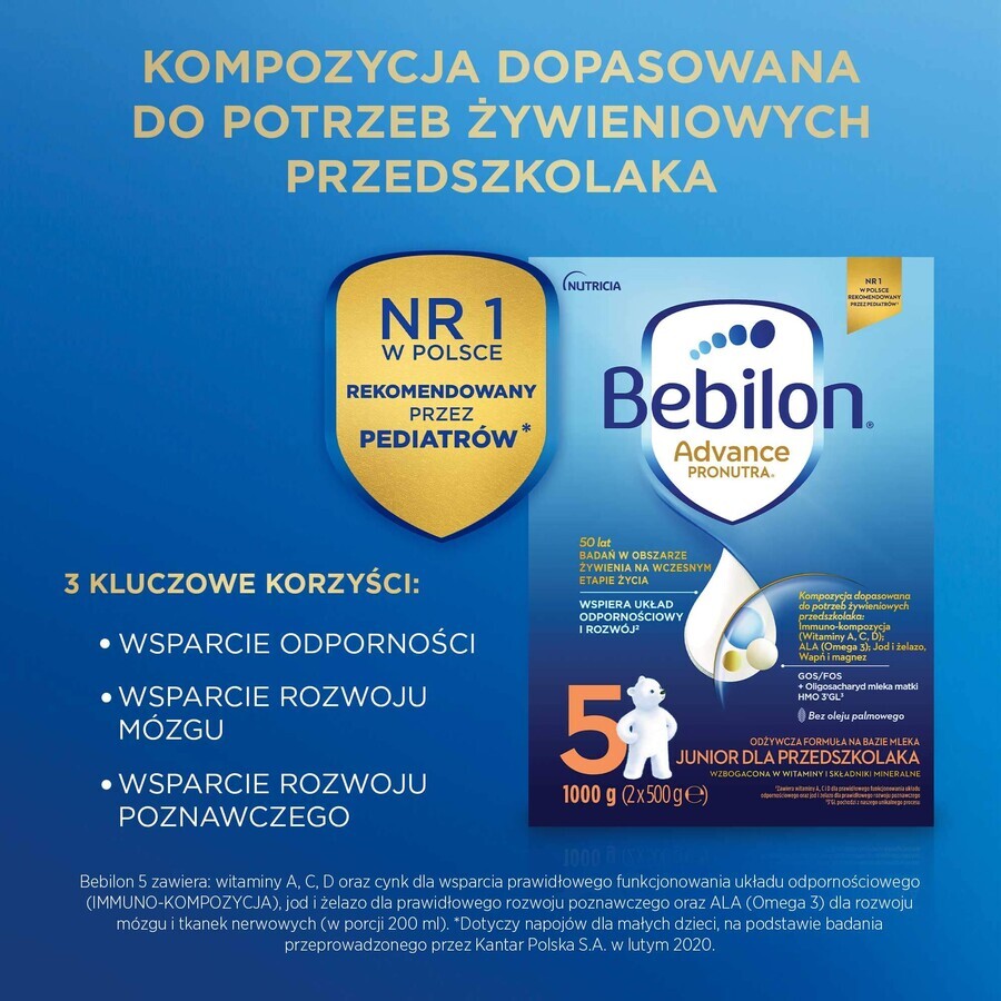 Bebilon Advance Pronutra 5 Junior, fórmula láctea nutritiva, para niños en edad preescolar, 1000 g ENVASE DECORADO