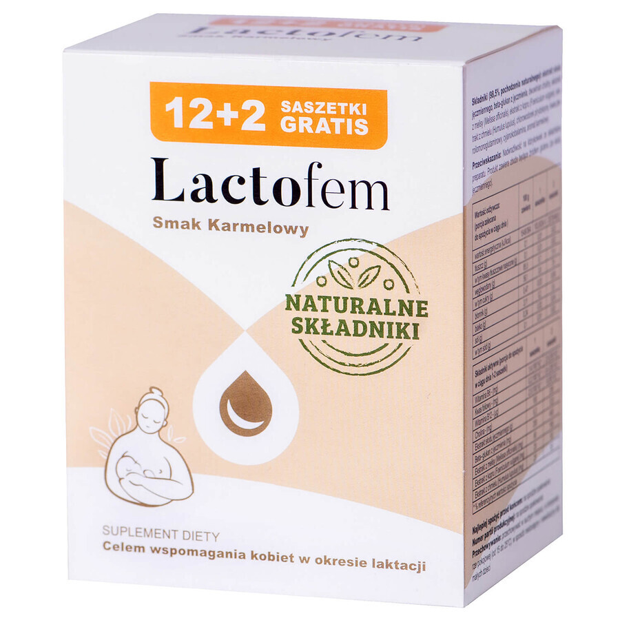 Lactofem, sabor caramelo, 12 sobres +2 sobres gratuitos ENVASE CONTAMINADO