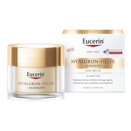 Eucerin Hyaluron Filler + Elasticity, crema de día reafirmante antiarrugas con tiamidol, SPF 15, 50 ml