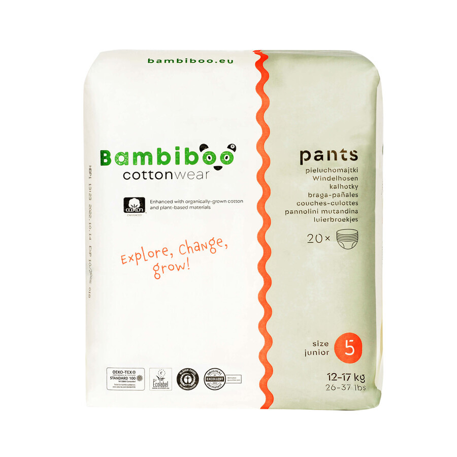 Bambiboo Cottonwear, couches jetables en coton biologique, Junior, taille 5, 12-17 kg, 20 pcs